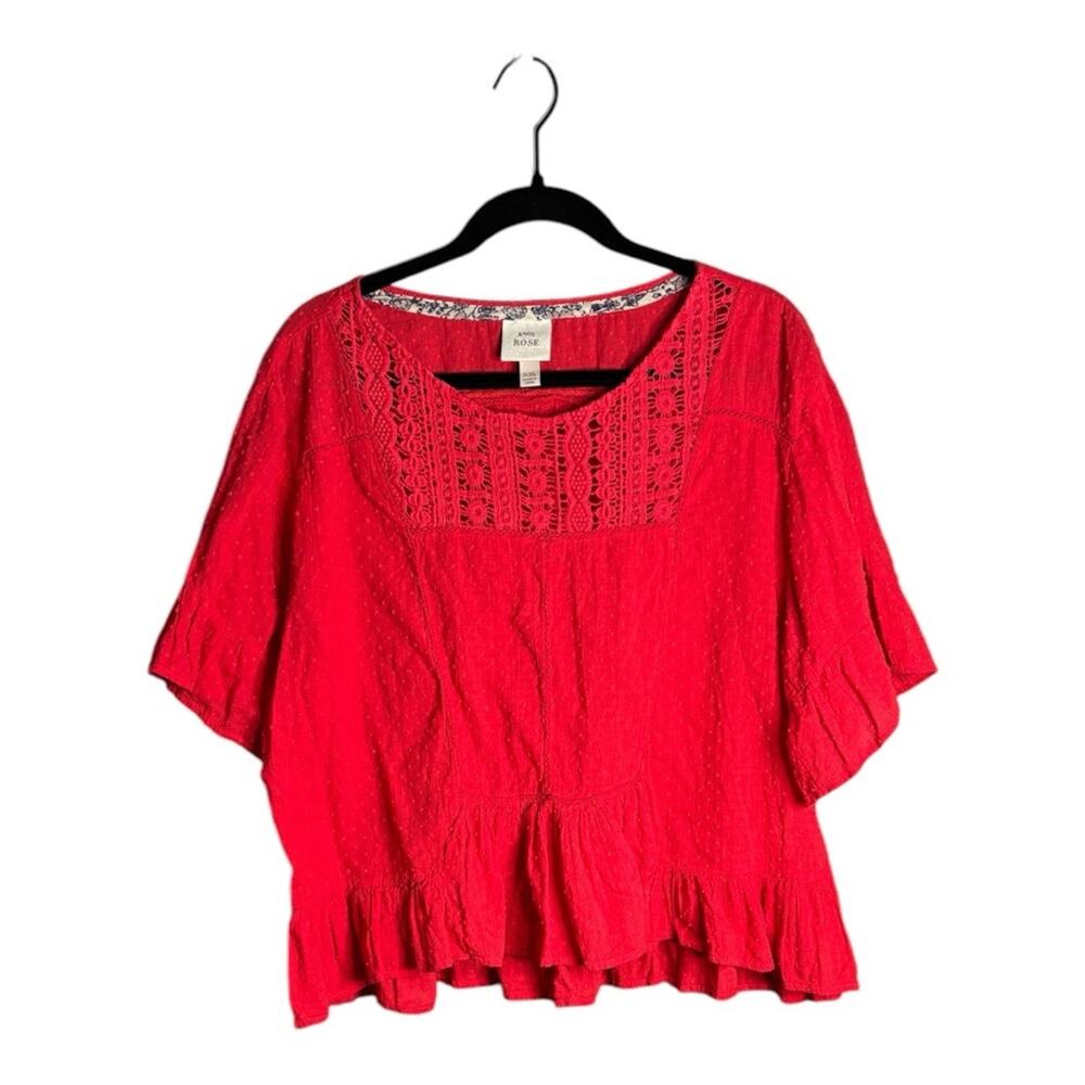 Knox Rose Red Pin Dot Short Sleeve Blouse Crochet Detailing XXL